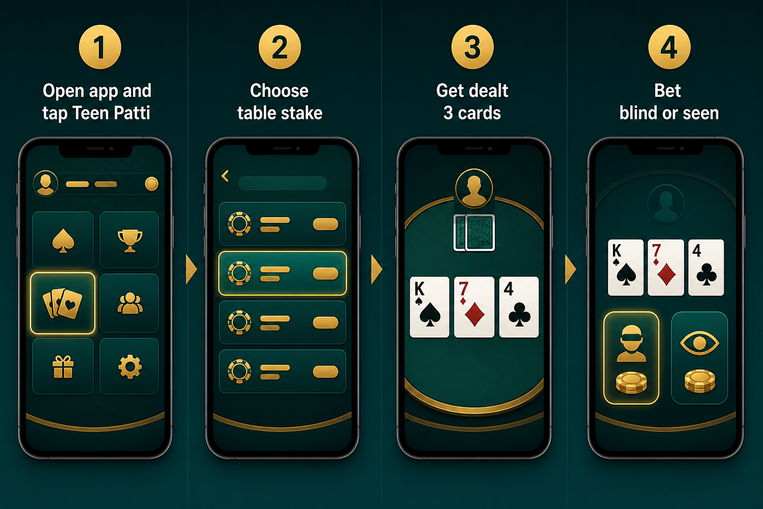 Four steps showing how to start Teen Patti on Done999